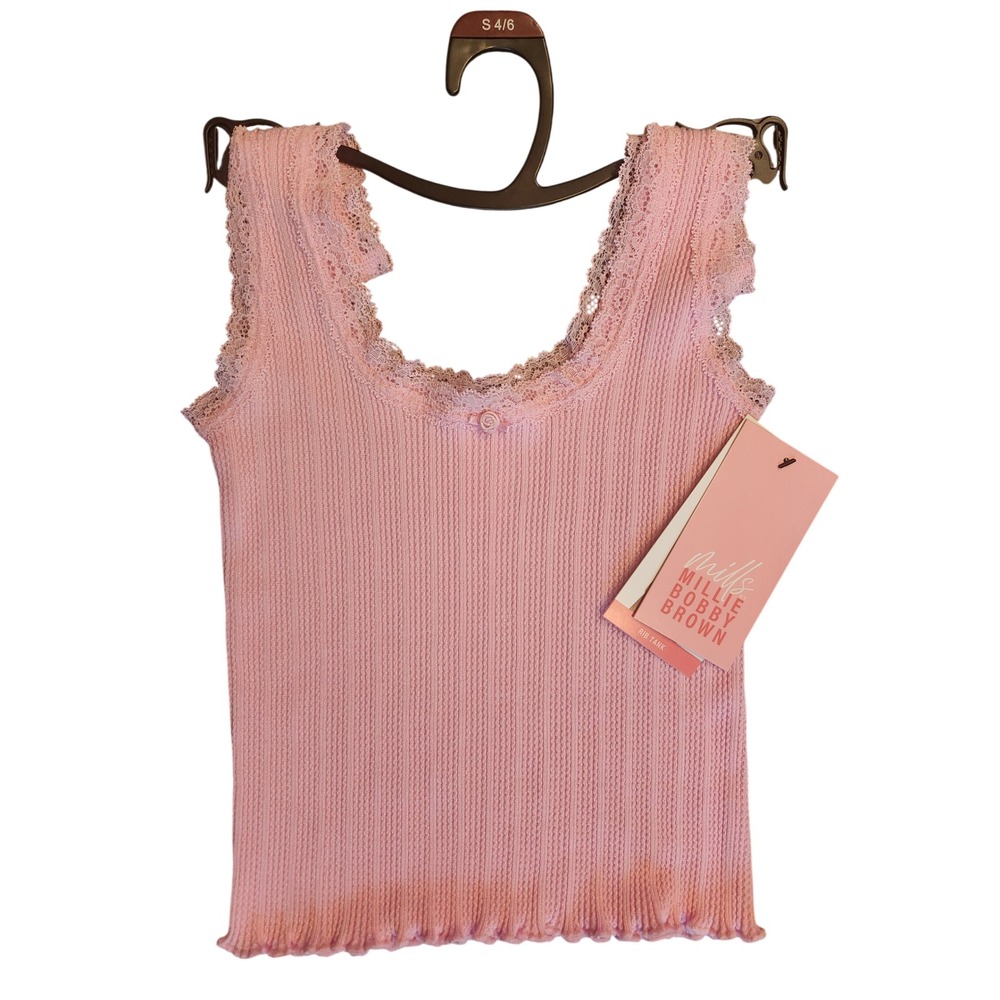Millie Bobby Brown Florence by Mills Rib Tank Top Pink Pointelle Lace Trim S 4-6